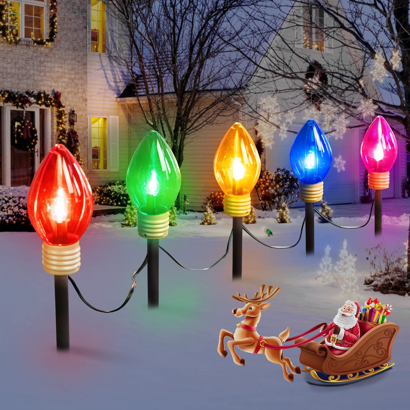 Photo 1 of ***STOCK PHOTO FOR REFERENCE ONLY***Jumbo C9 Christmas Pathway Lights Outdoor - 8.5 Feet 5 LED C9 Walkway Light, C7 Light Covered Jumbo Multicolor Bulb Christmas Lights Outdoor Decorations for Lawn Holiday Outside Yard Garden ( star included)