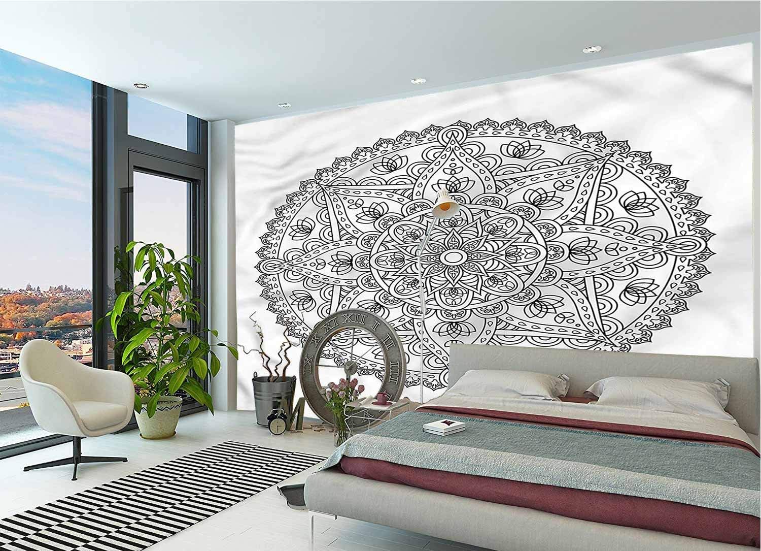 LCGGDB Lotus Wall Stickers Murals,Round Boho Motif Design Paperhanging Wallpaper for Office Livingroom Girls Bedroom Family Wall Decals-144x100 Inch