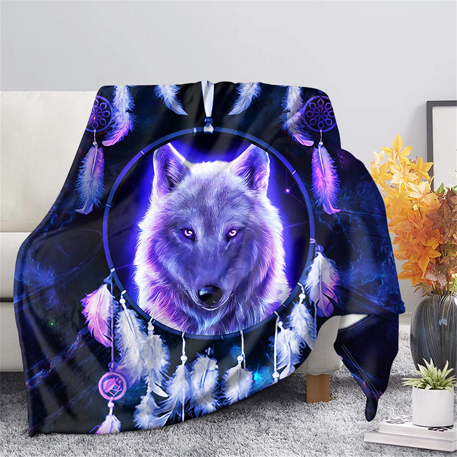 Biyejit Dream Catcher Wolf Fleece Throw Blankets for Couch Sofa Bedroom Bed Decorative Throws Blankets