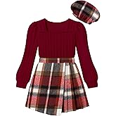 NECIOUS Girls Skirt Set Square Neck Puff Sleeve Shirt Tops Plaid Mini Skirt Shorts with Beret 3 Piece Fall Winter Outfit