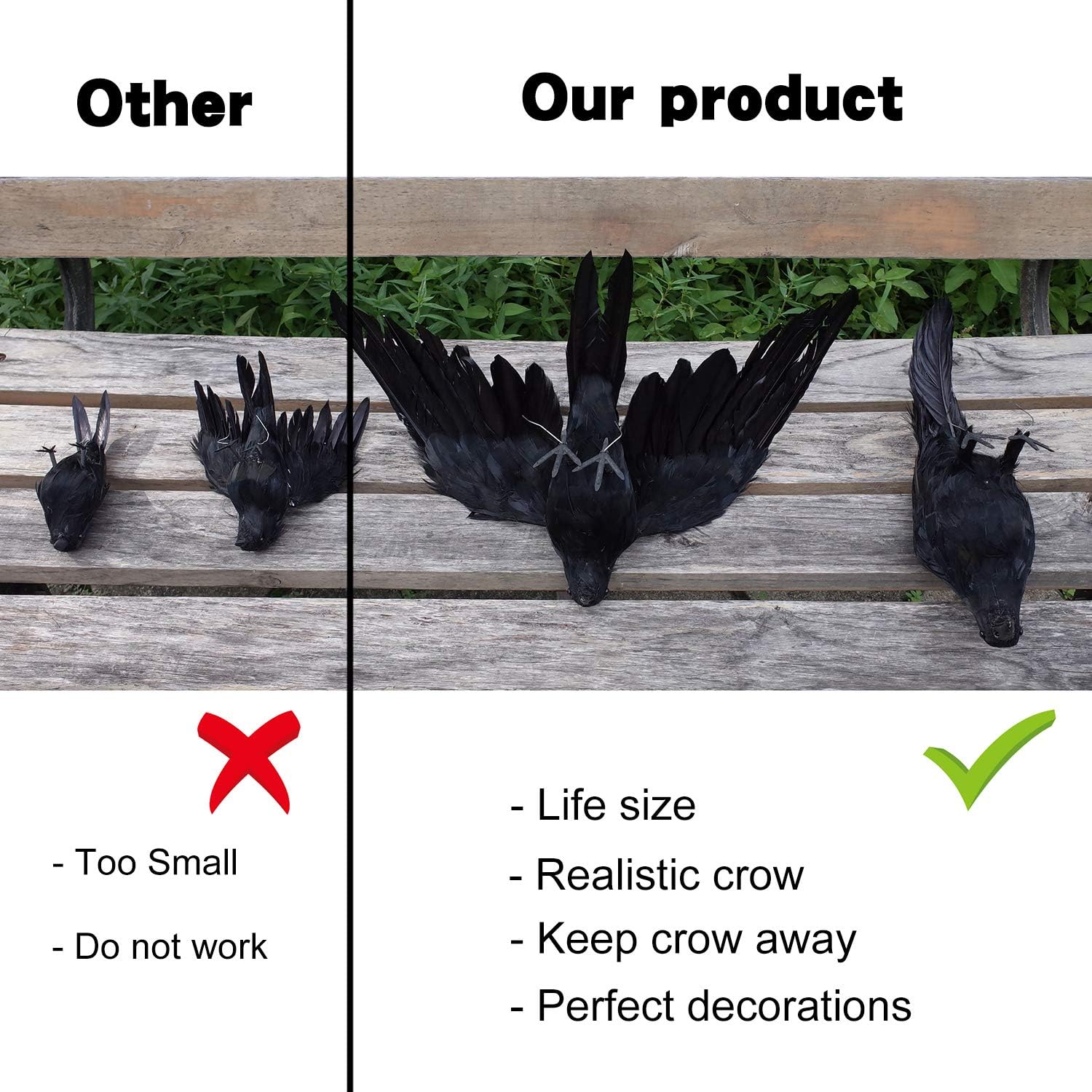 2-Pack Realistic Crows Lifesize Extra Large Handmade Black Feathered Crow for Halloween Decorations Birds, L (13 inch+12 inch) : Garden & Outdoor