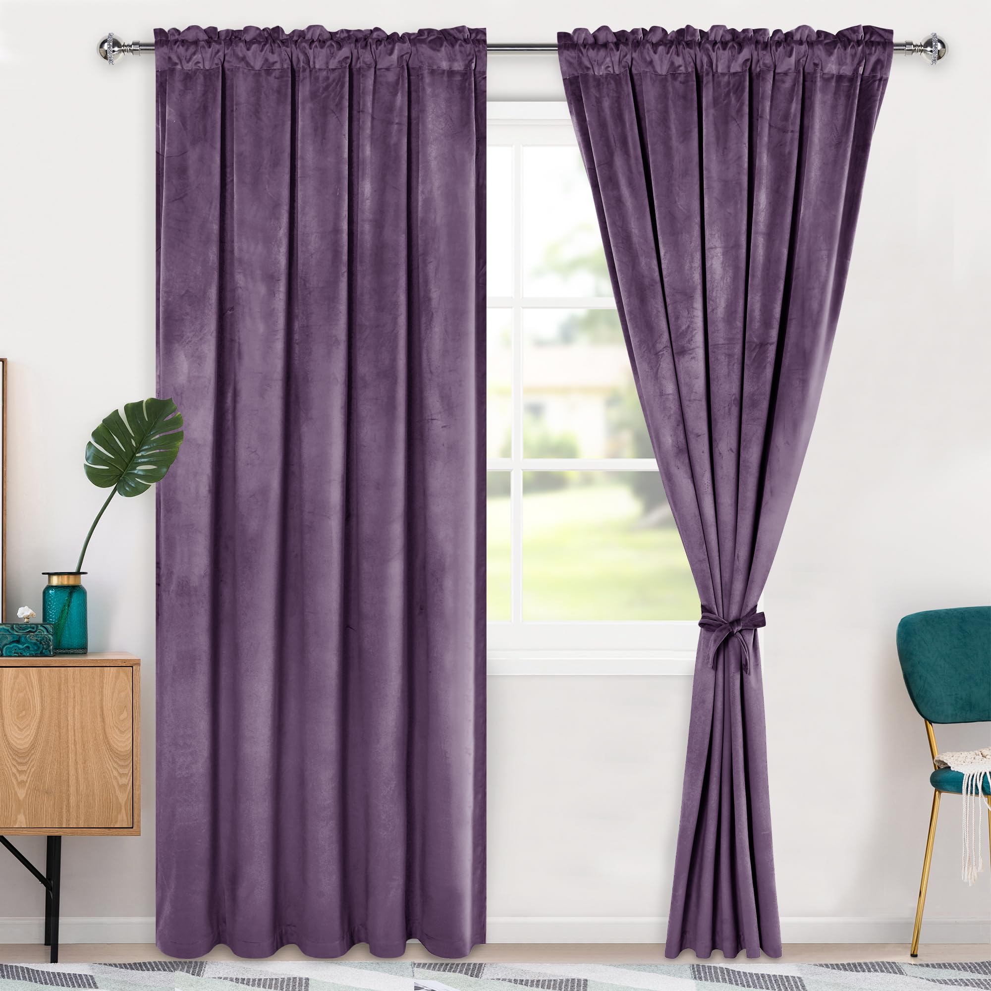 Hiasan Velvet Curtains 84 inch Blackout Rod Pocket Thermal Insulated Soft Curtains Room Darkening Window Drapes with Tiebacks for Bedroom Living Room, Set of 2 Panels, 60W x 84L, Lavender Image