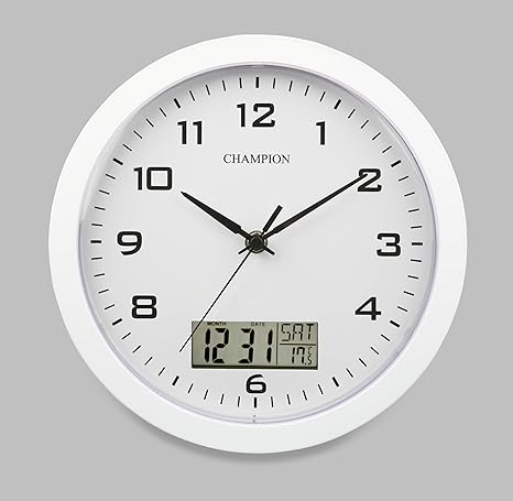 Champion Quarz-Wanduhr, 25 cm, mit Einsatz, LCD-display mit Tag und Datum, Weiß