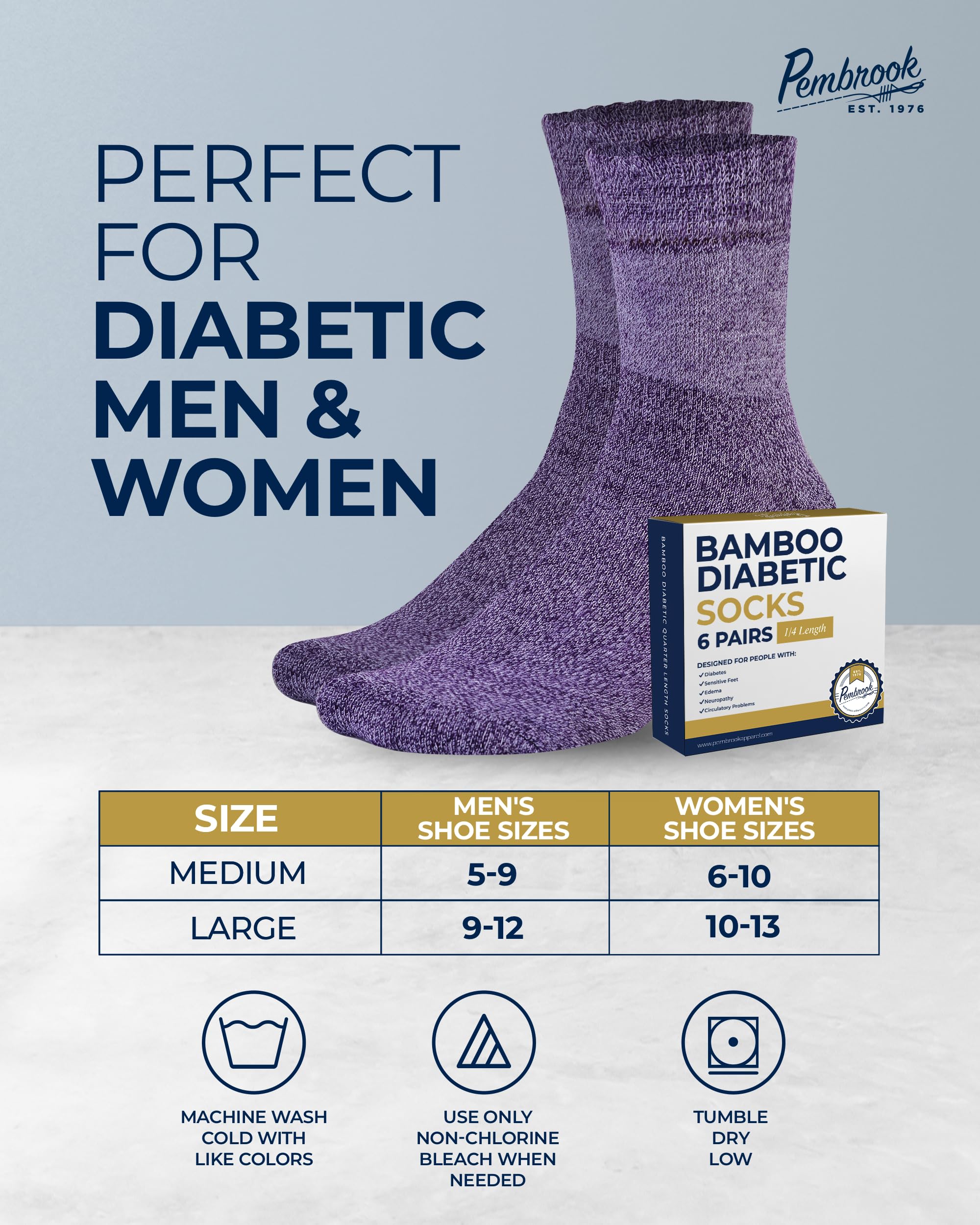 Pembrook Bamboo Viscose Diabetic Socks for Women & Men - 6 Pairs Ankle Socks for Swollen Feet | Neuropathy | Wide Calf | Edema