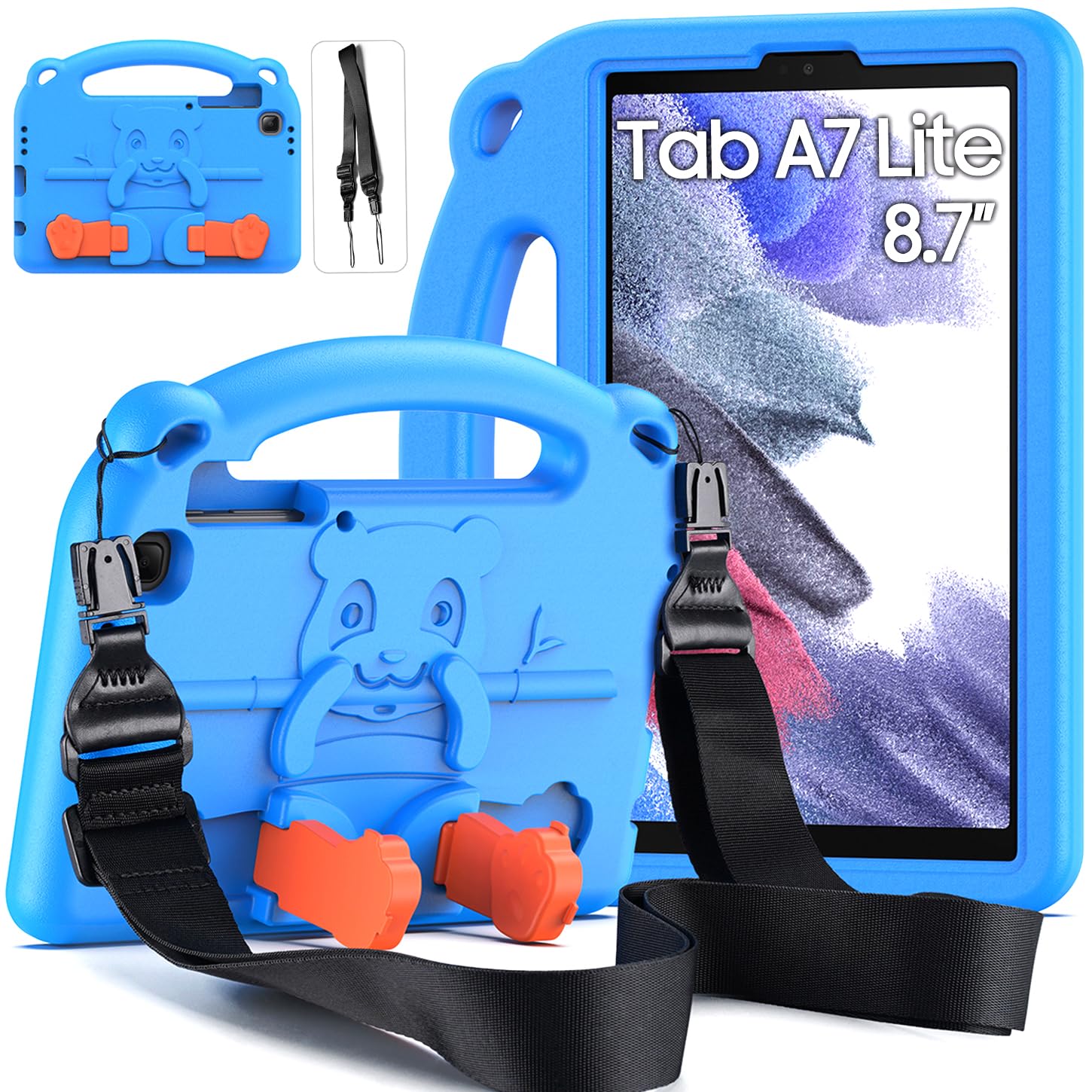DUZZONA Kids Case for Samsung Galaxy Tab A7 Lite 8.7 Inch 2021(SM-T220/T225/T227),Lightweight Shockproof Case with Shoulder Strap, Handle Kickstand Cover for Tab A7 Lite, Blue