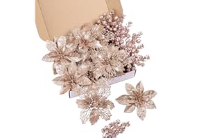 Choonshow 24Pcs Rosegold Glitter Poinsettia Christmas Tree Ornaments and Glitter Berries Stems, 16Pcs Christmas Artificial Flowers and 8 Pack Christmas Tree Picks for Wedding Holiday Decorations