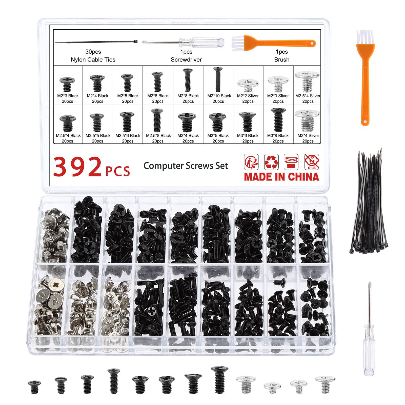 Gueenky 392Pcs Laptop Screws Set, M2 M2.5 M3 Computer Screws Flat Head Notebook Replacement Screws 2-10 mm, 18 Sizes Laptop Micro Assorted Screw SSD HDD Screws, with Screwdriver