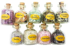 Zungtin 9pcs Mini Glass Wishing Bottles Tumbled Gemstone Crystal Chips Chakra Healing Reiki Stone Set (9 Mini Bottles)