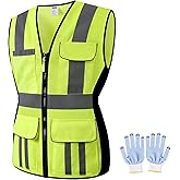 JKWEARSA Women Safety Vest, Multi Pockets High Visibility Reflective Breathable Mesh Work Vest For Lady, Durable Zipper