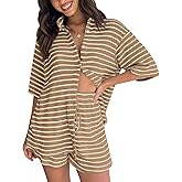 BWQ Womens Striped 2 Piece Sets Casual Lounge Sets Short Sleeve Button Down Shirt and Shorts Knit Summer Matching Sets