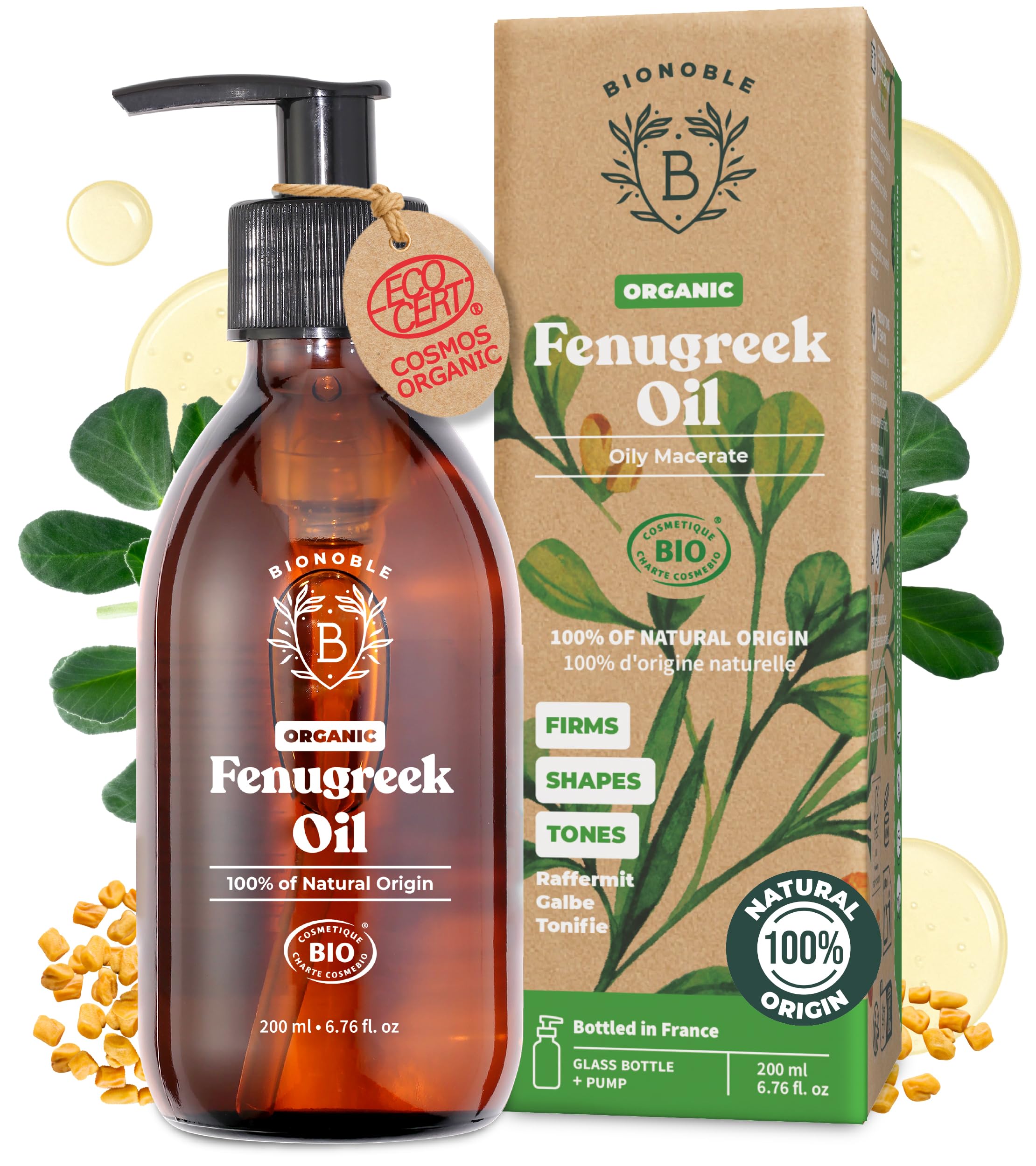 BIONOBLE Organic Fenugreek Oil for Breast Growth - Firms and Shapes Breasts and Buttocks - 100% Natural Origin, Odorless Seed Oil Macerate - Fenugreek Extract - Glass Bottle with Pump - 200ml