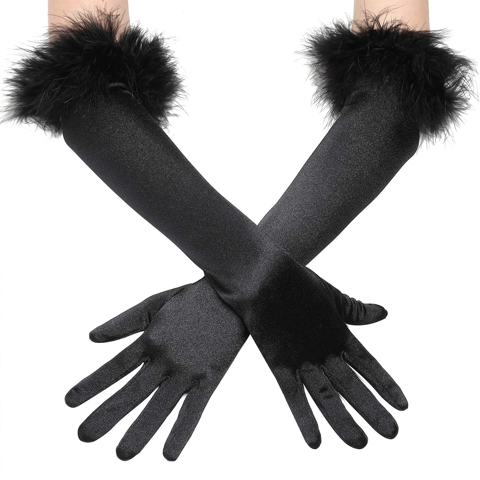 Faxianther Women's Black Satin Long Gloves with Feather - Evening Tea Party Cosplay Halloween Costume Accessory Opera 1920s Party Wedding Bridal Gloves