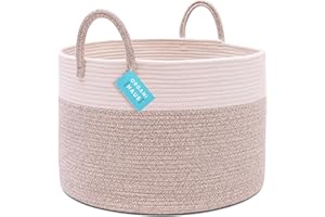 OrganiHaus Woven Laundry Basket, Large Cotton Rope Blanket Holder with Handles, Soft & Sturdy Nursery Hamper, Decorative Toy Bin for Living Room Organization 20x13 inches - Brown/Off-White
