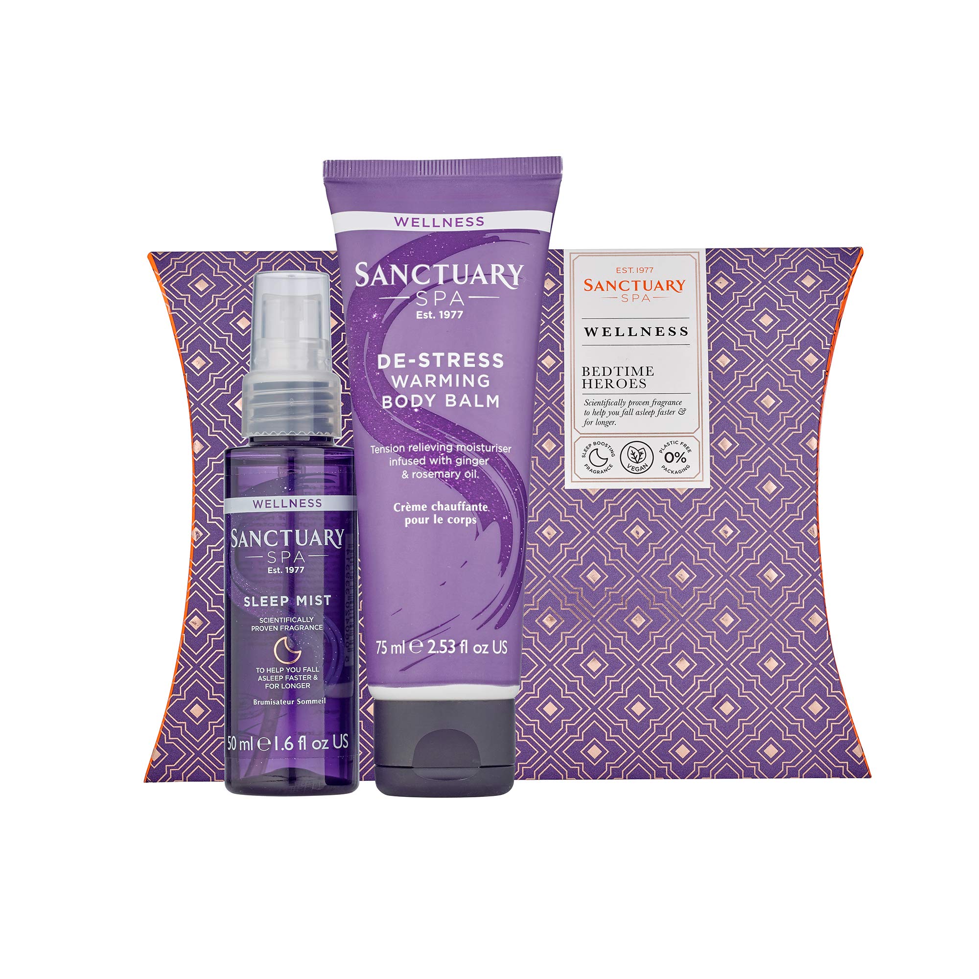 Sanctuary Spa Gift Set, Bedtime Heroes Wellness Gift With Sleep Mist Pillow Spray and Warming Muscle Rub Balm, Vegan, Gift for Her, Gifts for Women, Birthday