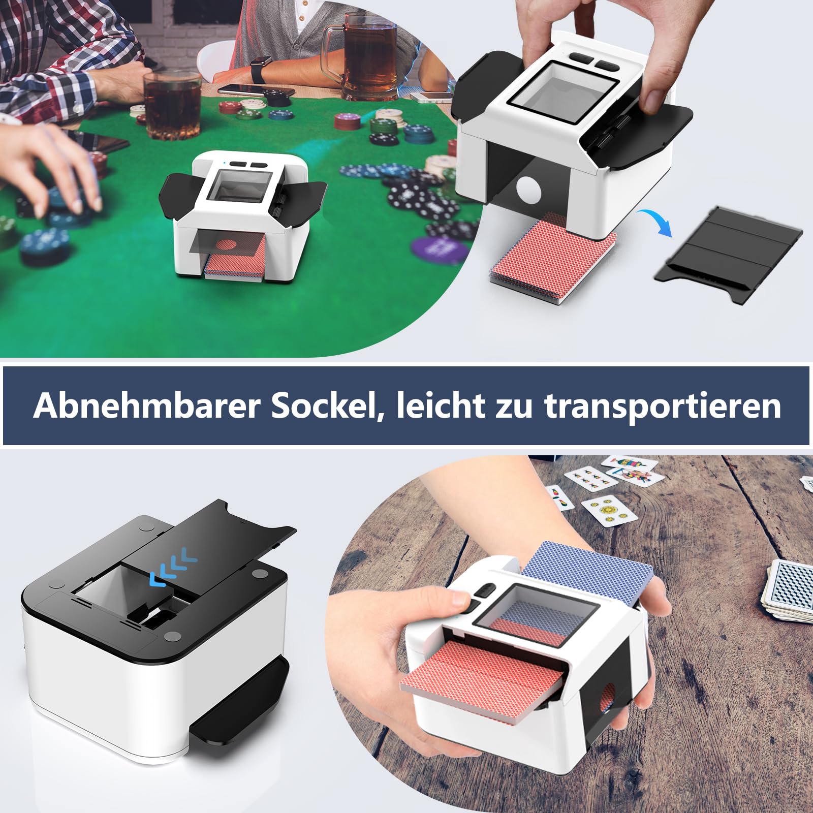 ShinePick Kartenmischmaschine Elektrische für 1-2 Decks, One-Press Auto & Manueller Wiederaufladbarer 2000mAh Geräuscharm Kartenmischgerät für UNO, Skip BO, Poker, Blackjack (Weiß) 5