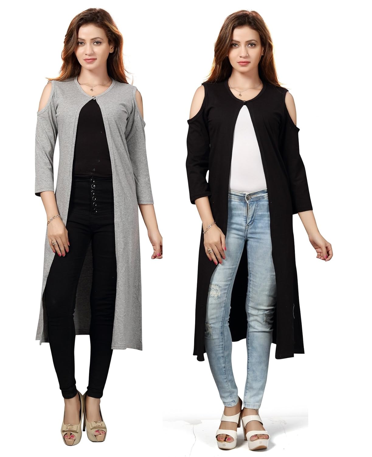 bfly women's viscose cold-shoulder long shrug-pack of 2 (grey & black)