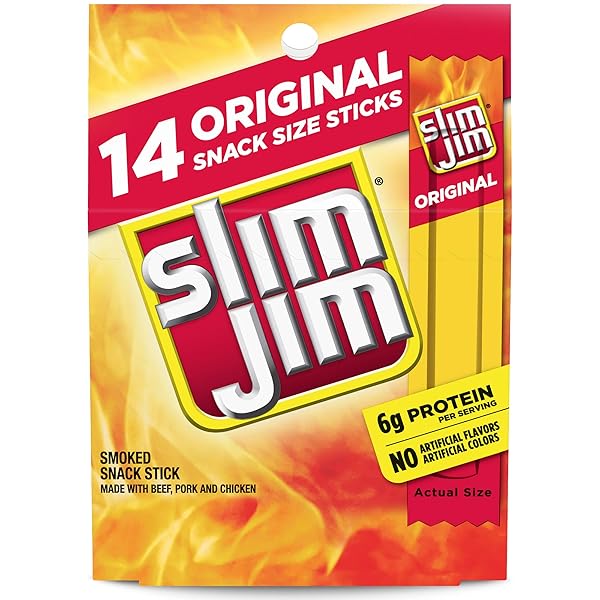 SLIM JIM SMOKED MEAT STICKS, ORIGINAL FLAVOR, 6G PROTEIN PER SERVING, SNACK SIZE, LUNCHBOX SNACK, 0.28 OZ. (14 COUNT)