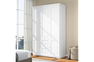 LABROSKIA Bedroom Armoires Wardrobe with 3 Doors: 74" White Cabinet with 2 Drawers, Large Wooden Closet for Hanging Clothes, Modern Storage Closet