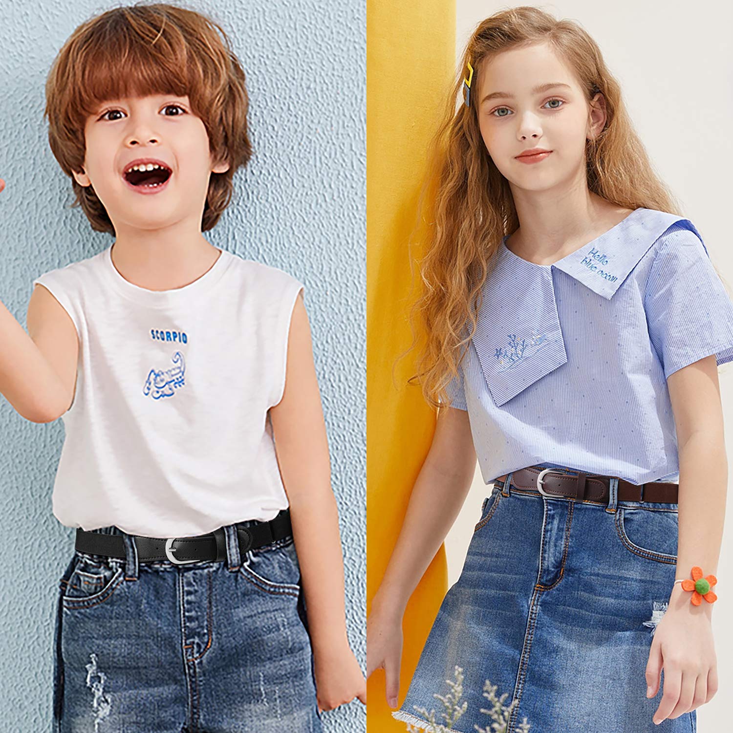 JASGOOD Kids Elastic Adjustable Belts, Stretch Belts for Boys and Girls with Leather Closure 2 Pack,Black+Coffee,Suit for Pants Size 20-28 Inches