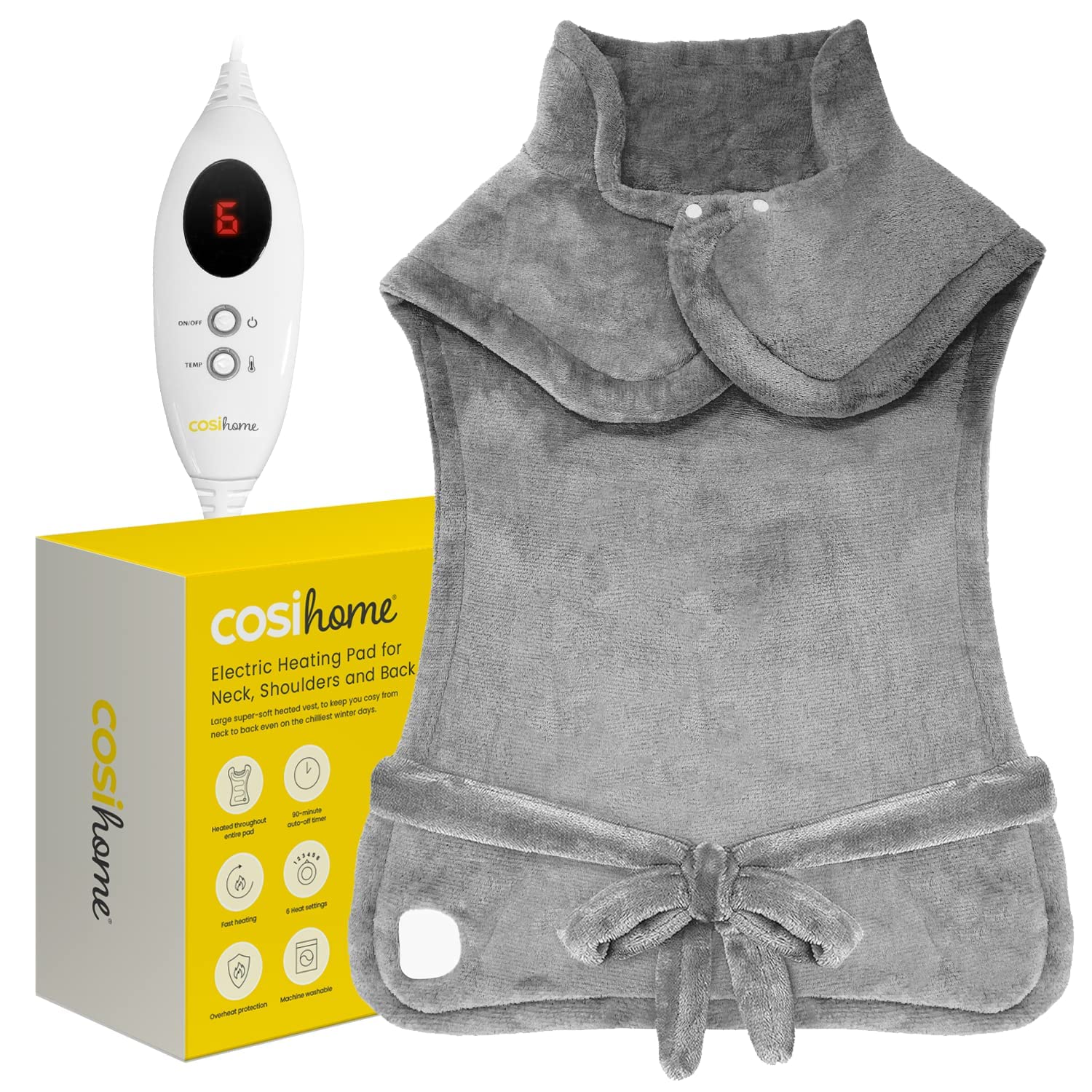 Cosi Home® Electric Heat Pad for Neck, Back & Shoulders - Luxury Heated Shoulder, Back & Neck Warmer with 6 Heat Settings & Super Soft Fleece Material – Machine-Washable Heating Pad Grey