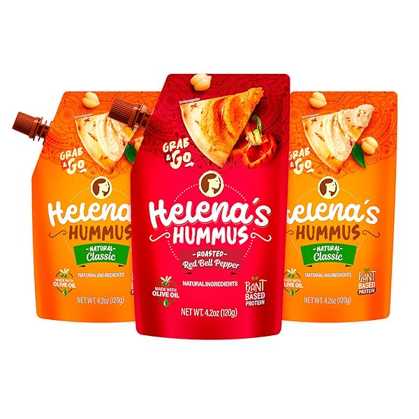 HELENA HUMMUS TRIPACK, SHELF-STABLE, NO ADDED PRESERVATIVES, 2 NATURAL CLASSIC 4.23 OZ AND 1 ROASTED BELL PEPPER 4.23 OZ (PACK OF 1 TRIPACK)