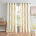 Melodieux Floral Curtains 84 Inches Long for Living Room, Farmhouse Yellow Apricot Flower Print White Decorative Grommet Drapes, 52x84 Inch, 2 Panels