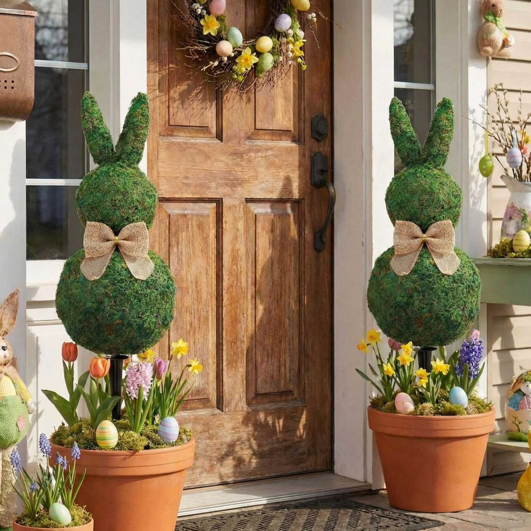 Photo 1 of Geelin 23.6'' Easter Bunny Decorations Moss Bunny Shaped Topiary Trees with Ground Spike Artificial Moss Rabbit Topiary Faux Plants Outdoor for Easter Party Indoor Outdoor Garden Decor