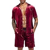LecGee Men Summer Casual Short Sets Velvet Short Sleeve Button Down Shirt Elastic Waist Shorts 2 Piece Outfits Tracksuit