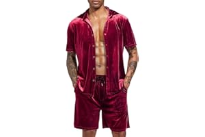 LecGee Men Summer Casual Short Sets Velvet Short Sleeve Button Down Shirt Elastic Waist Shorts 2 Piece Outfits Tracksuit