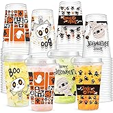 50 Pcs Halloween Plastic Cups 16oz Disposable Clear Drinking Cup with Lids,4 Style Patterns for Hot and Cold Drinks, Coffee, Beer, Drinks, Ice Cream, Trick or Treat Halloween Party Decoration Supplies