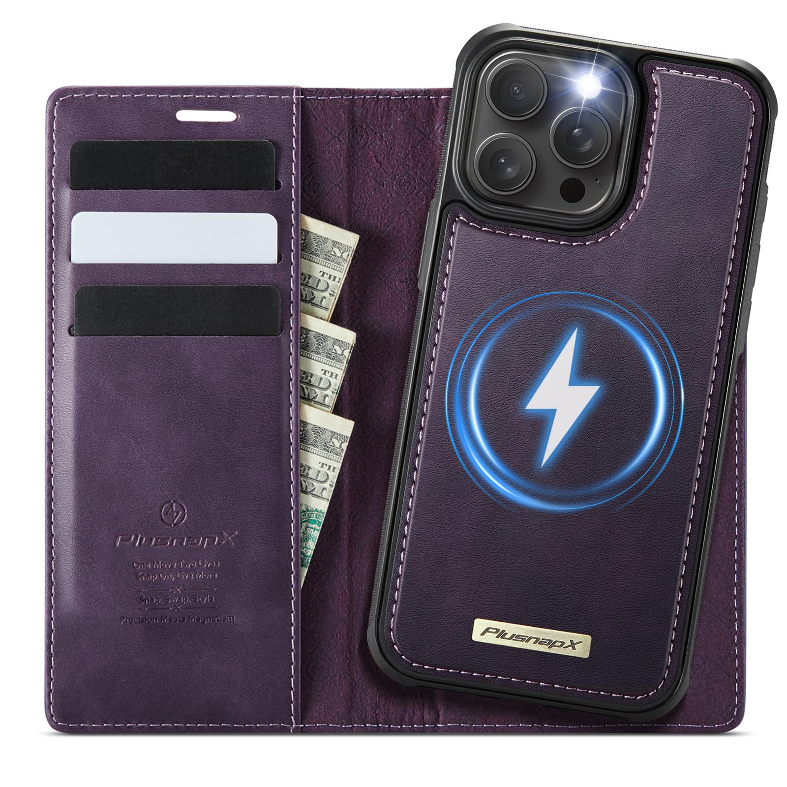 Photo 1 of PlusnapX Wallet Case for iPhone 14 Pro Max Compatible with Magsafe, 2-IN-1 PU Leather Flip RFID Blocking Card Holder Stand Shockproof Magnetic Detachable Cover for iPhone 14 Pro Max 6.7", Retro Purple