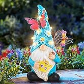 Foreby Garden Gnome Statues Outdoor Decor Solar Gnomes with Butterfly on LED Lighted Flowers, Resin Blue Gnomes Sculpture for Patio Yard Lawn Onament Decoration