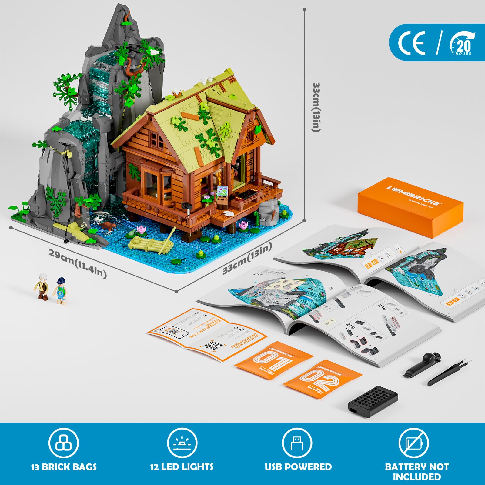 Lumibricks Waterfall Cabin Bauset mit Licht – 2539 Teile Retro Holzhaus mit beweglichem Wasserfall & Naturkulisse, Sammlerstück für Erwachsene 7