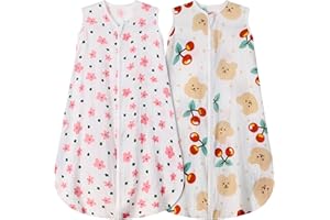 BSTOPPT 2 Pack Baby Sleep Sack 6-12 Months 100% Organic Cotton Muslin Baby Sleeping Bag 2-Way Zipper Wearable Blankets (Flower & Cherry, Medium)