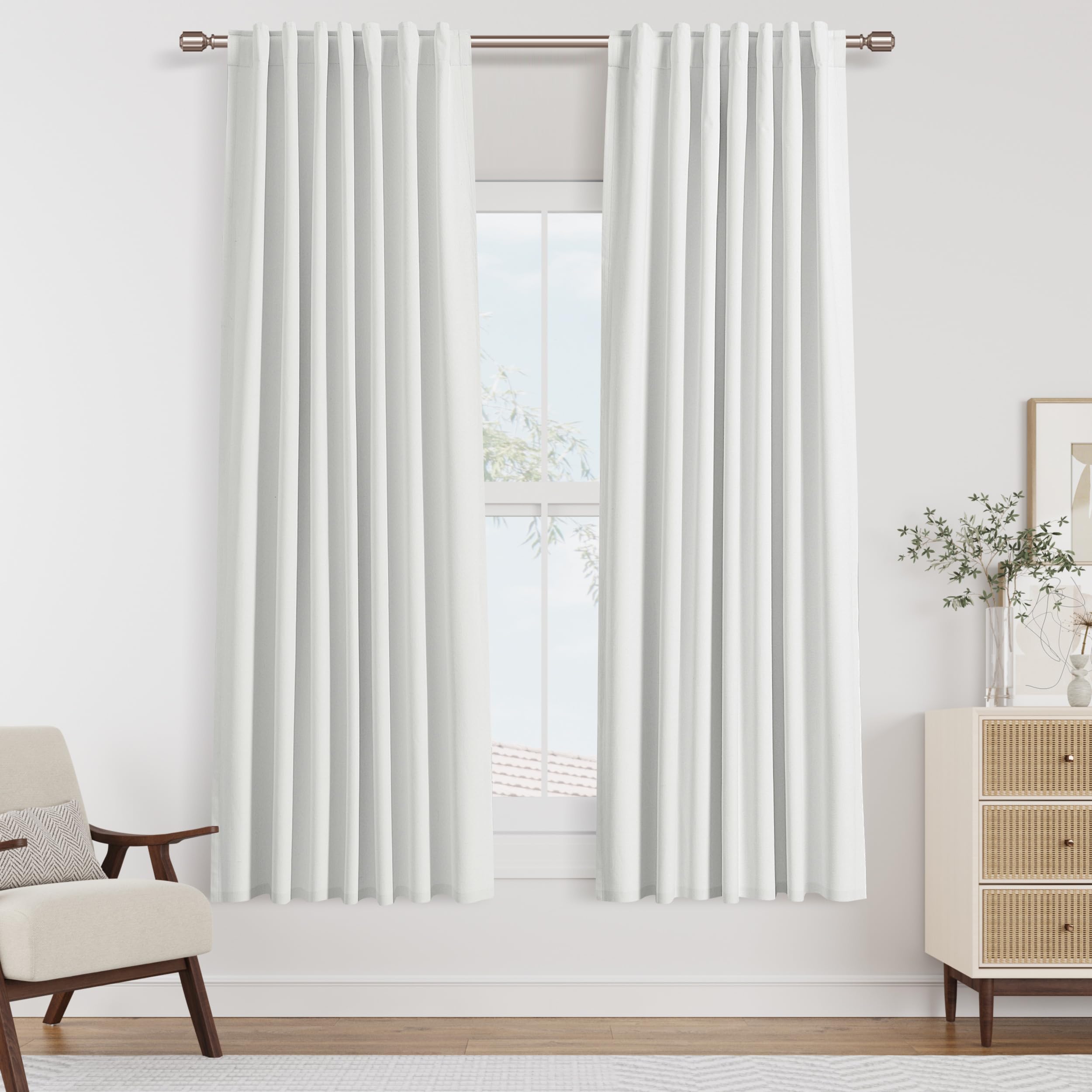 Photo 1 of Guken White 100% Blackout Linen Curtains 52 Inch Wide by 60 Inch for Living Room Bedroom Back Tab Thermal Insulated Black Out Linen 2 Drapes Room Darkening Farmhouse Window Curtains