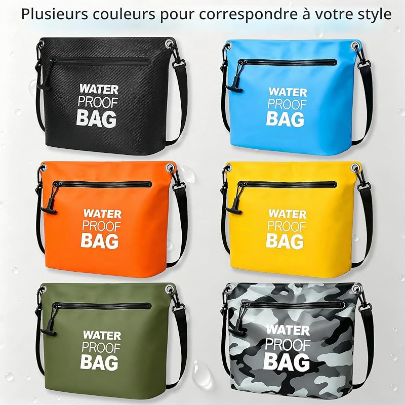 Sac Étanche Bandoulière avec Fermeture Zippée Hermétique, Sac Dry Bag Léger avec Sangle Réglable pour Plage, Natation, Voyage et Usage Quotidien (Vert armée)
