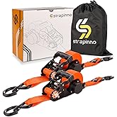 Strapinno 2PCs Retractable Ratchet Tie-Down Straps,5,000 lbs Break Strength- 2 in x 12 ft Heavy Duty Ratchet Strap with Safety Lock S Hooks for Motorcycles, ATVs, UTVs, Lawn Equipment & Cargo-Orange