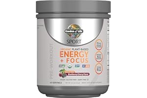 Garden of Life Sport Organic Plant-Based Energy + Focus Vegan Clean Pre Workout Powder, Sugar & Gluten Free BlackBerry Cherry with 85mg Caffeine, Natural NO Booster, B12, 40 Servings, 8.14 Oz