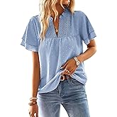 Falechay Womens Tops Butterfly Sleeve V Neck Blouses for Women Dressy Casual Flowy Swiss Dot Ruffle Short Sleeve Shirts