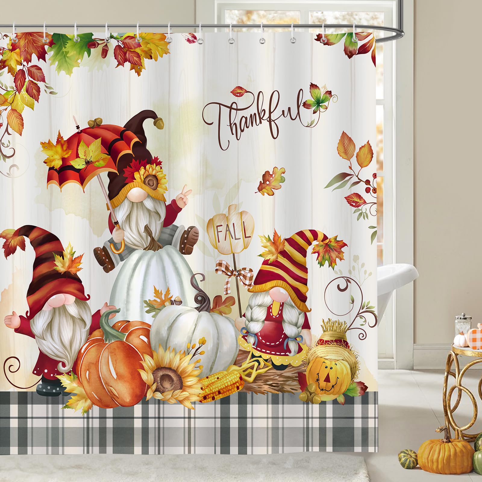 Bonhause Fall Leaves Gnome Shower Curtain Autumn Pumpkin Harvest Thanksgiving Bathroom Curtain 180 x 180 cm Waterproof Mildew & Mould Resistant Polyester Fabric Bath Curtain with 12 Hooks