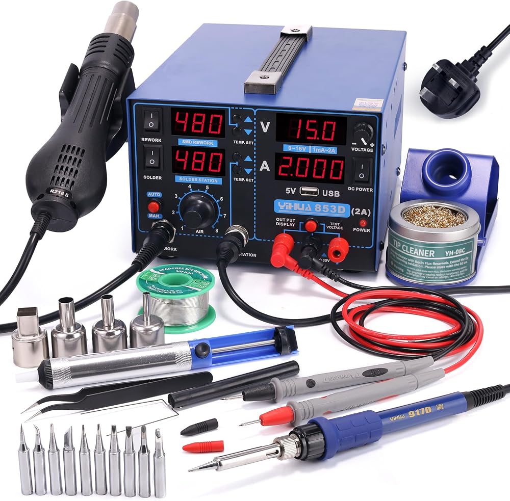 YIHUA 853D 3 in 1 SMD Hot Air Soldering Station UK Plug 0-15V 35V