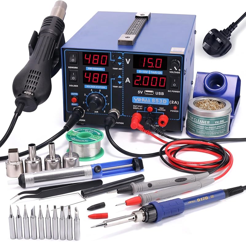 YIHUA 853D 3 in 1 SMD Hot Air Soldering Station UK Plug 0-15V 35V