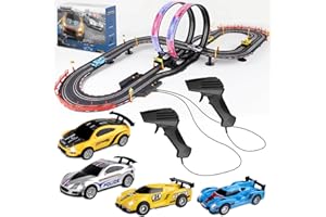 PAFOLO Slot Car Race Track Set, 19ft Electric Track with LED Lights and 4 Slot Cars, 2 Hand Controllers and Racing Game Lap Counters, Set Features Loop, Turns, and Crossover for Boys Age 6-12