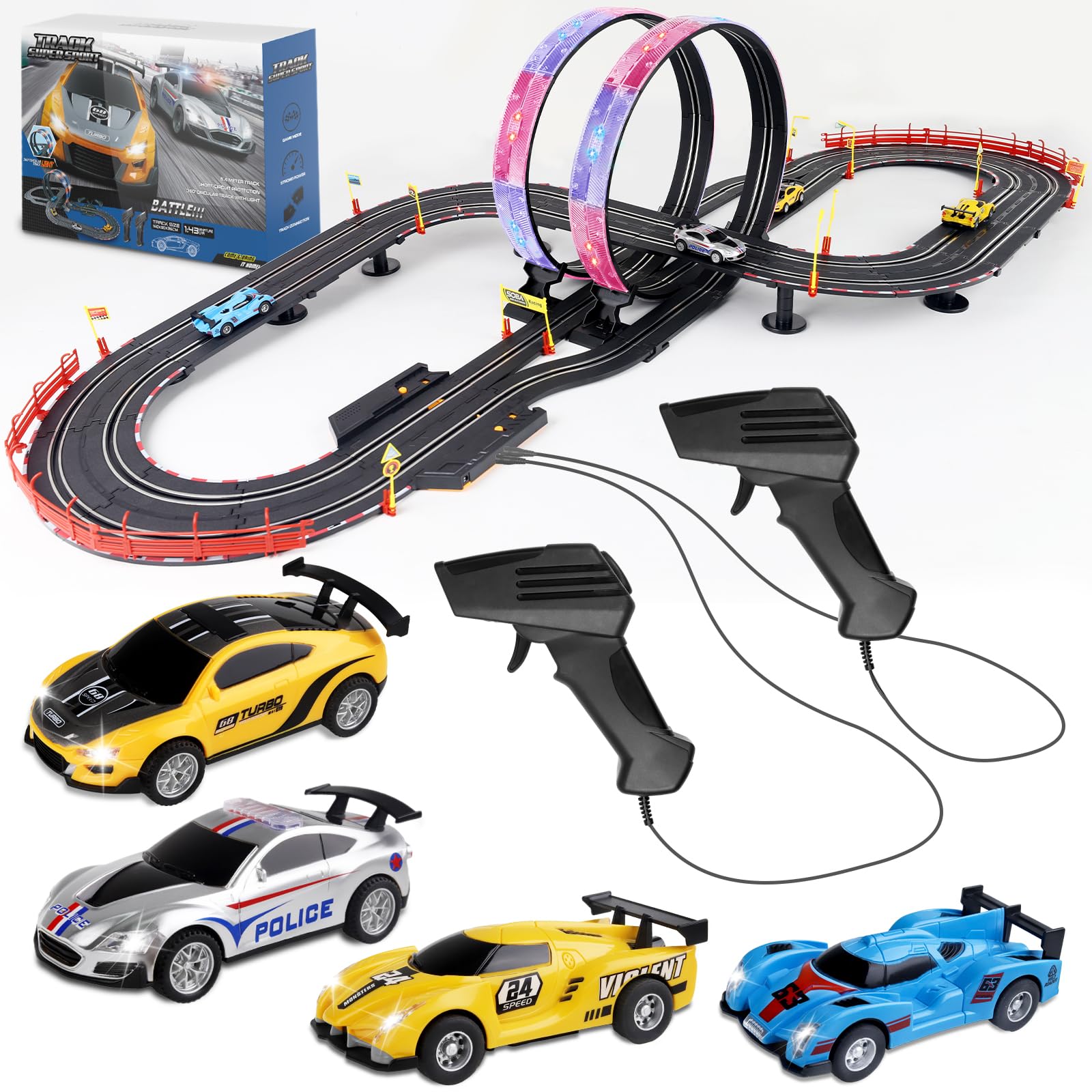 Photo 1 of Slot Car Race Track Set, 19ft Electric Track with LED Lights and 4 Slot Cars, 2 Hand Controllers and Racing Game Lap Counters, Set Features Loop, Turns, and Crossover for Boys Age 6-12LPNPMEY7085081
