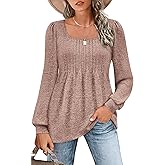 Zwurew Women's Puff Long Sleeve Shirts 2024 Trendy Scoop Neck Loose Fit Blouses Pleated Flowy Tunic Tops S-2XL