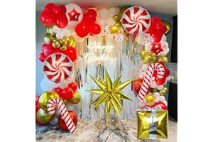 FELICE ARTS Christmas Balloon Garland Arch kit with Red White Candy Balloons Gift Box Balloons Red Gold Star Balloons,Gold Explosion Star Foil Balloons for Xmas Party or New Year Party Decorations
