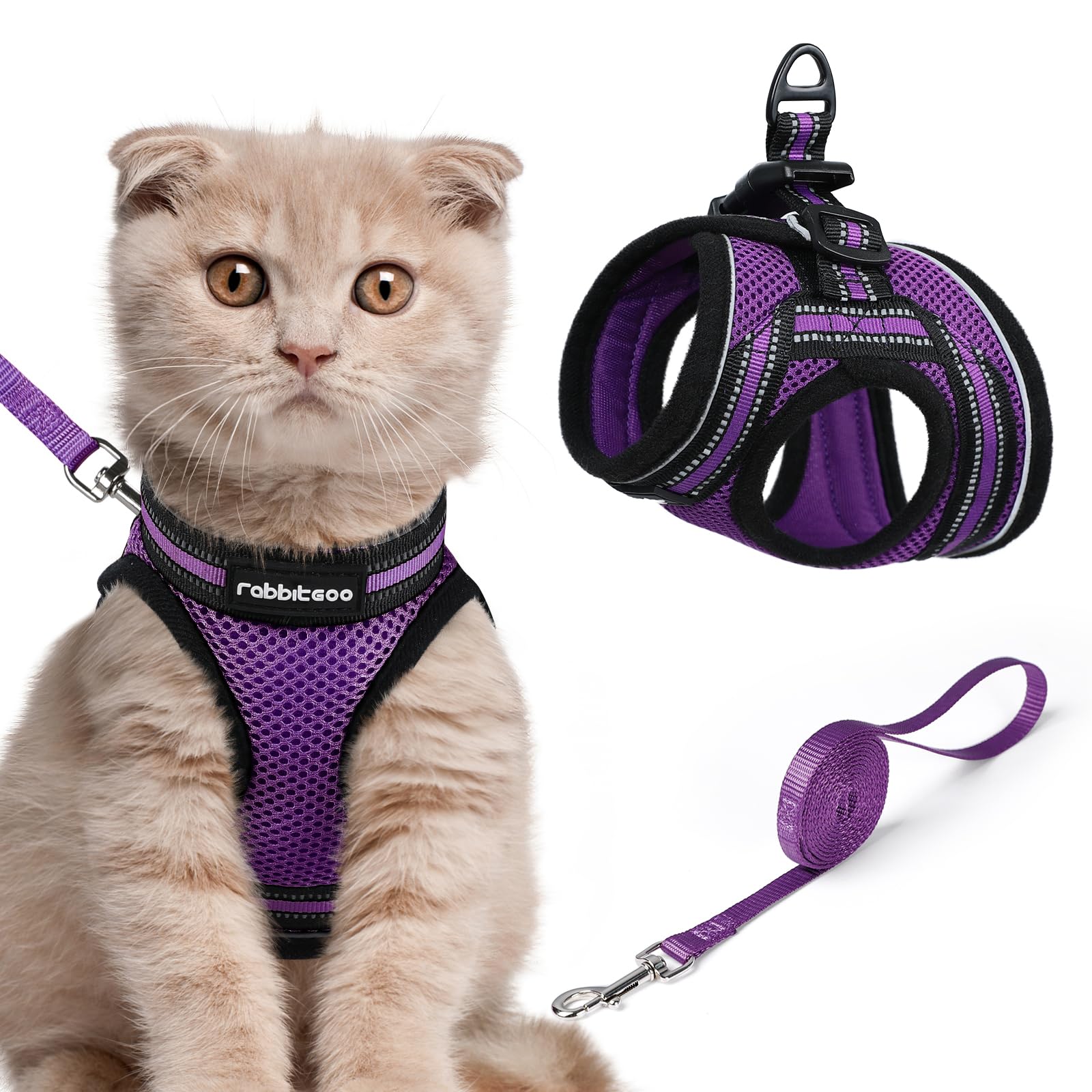 rabbitgoo Cat Harness and Leash Set for Walking Escape Proof, Adjustable Soft Kittens Vest with Reflective Strip for Extra Small Cats, Comfortable Choke-Proof Outdoor Vest Harness, Purple, Large