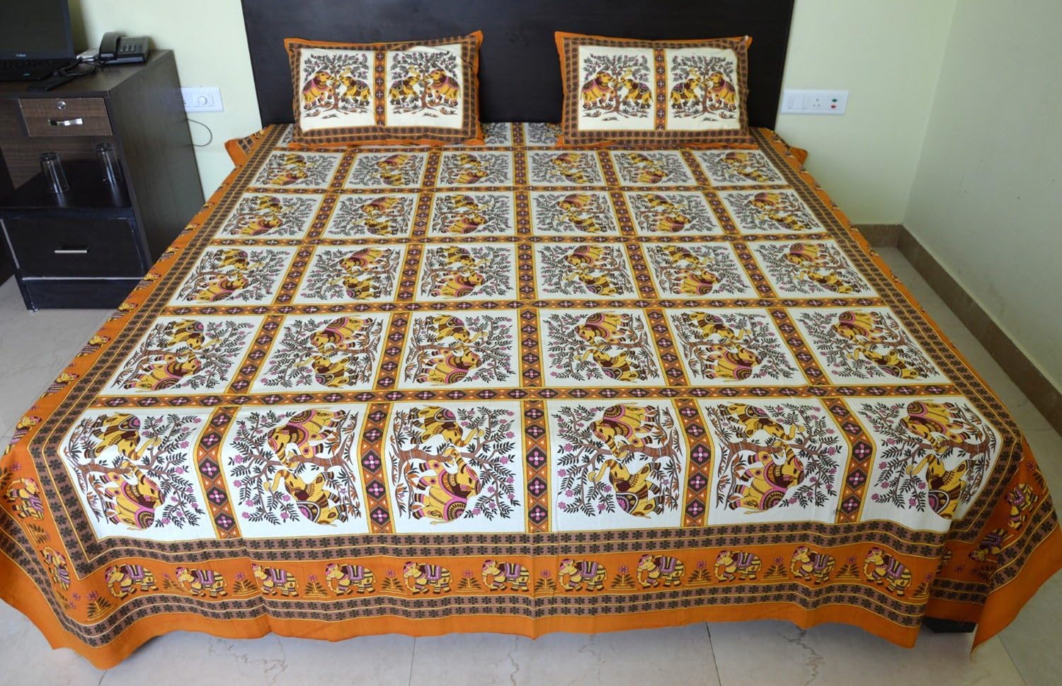 Gemsandcraft Double Bedsheet, Jaipuri Hand Block Printed Bedsheet, Indian Rajasthani Sanganeri Jaipuri Double Bedsheet, 100% Pure Cotton Printed Double Bedsheet with Two Pillow Covers Exclusive