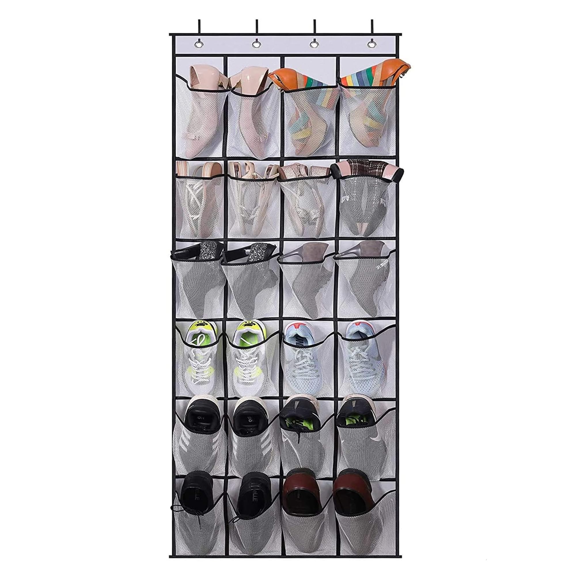 plastific Over the Door Shoe Storage Organiser Hanging Shoe Rack Holder Bag Wall Mounted with 24 Large Mesh Pockets for Wardrobe Door Slippers Tidy with Hanger (Grey)