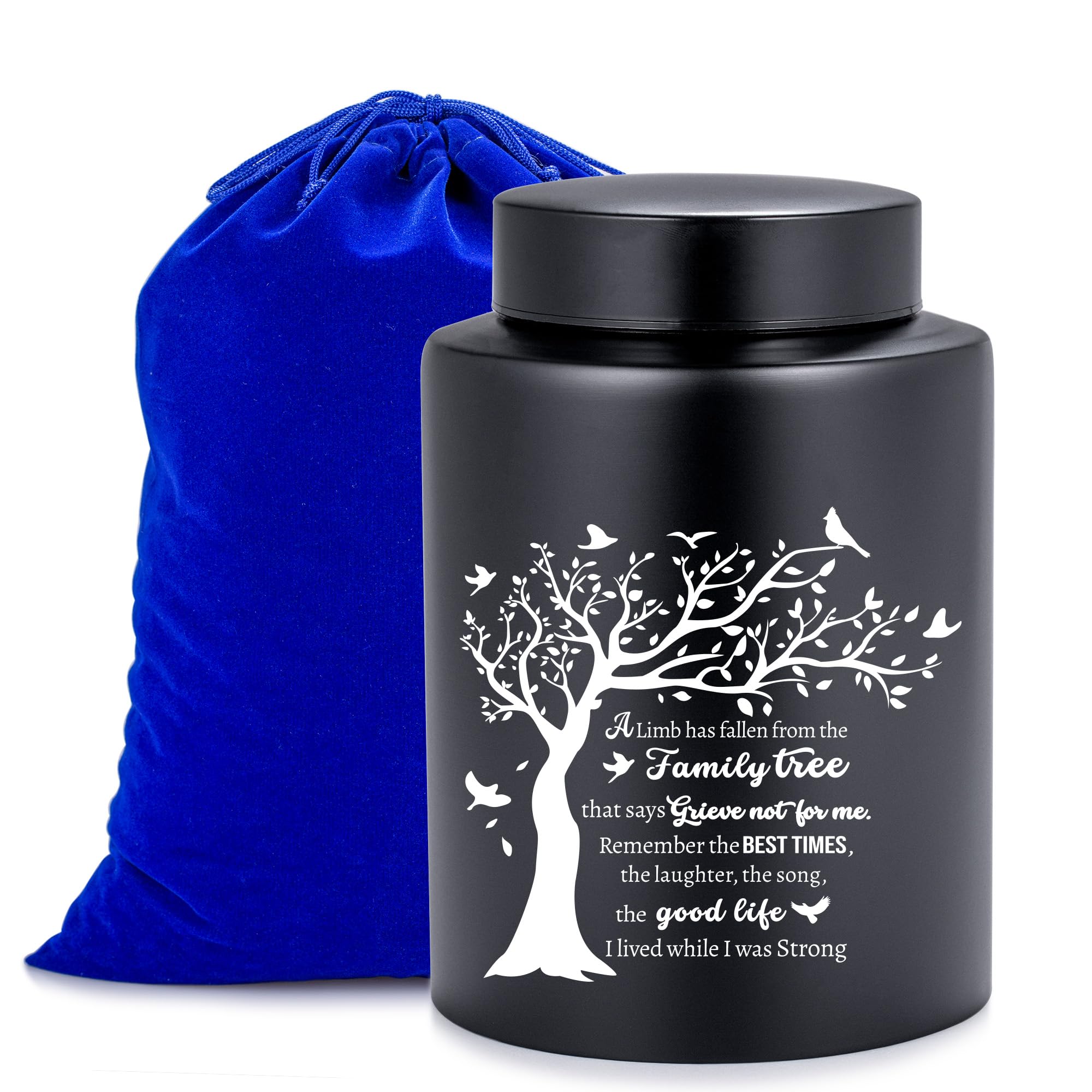 Gredstar Family Tree Black Memorial Urn for Adult Ashes - Cremation Urn with Velvet Bag, Home Decorative Ashes Holder Keepsake Urns for Dad/Grandma, Sympathy Gift